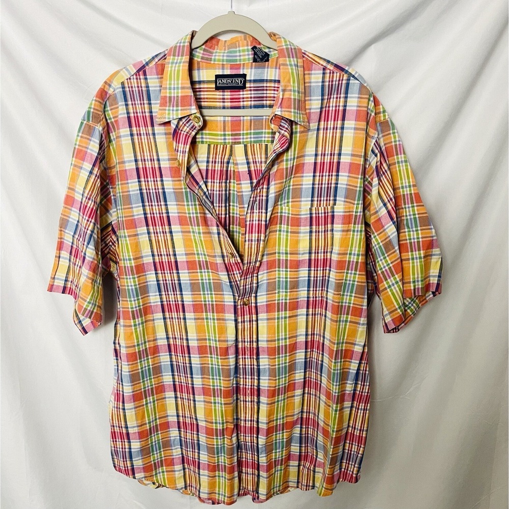 Lands' End Men's Plaid Shirt Short Sleeve Button Front Colorful Casual Large
